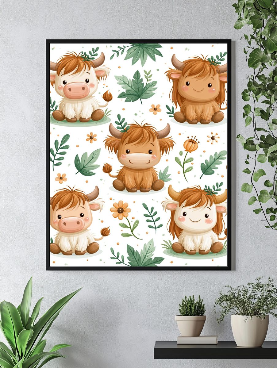 Cute Highland Cow Pattern Poster. — room view 4