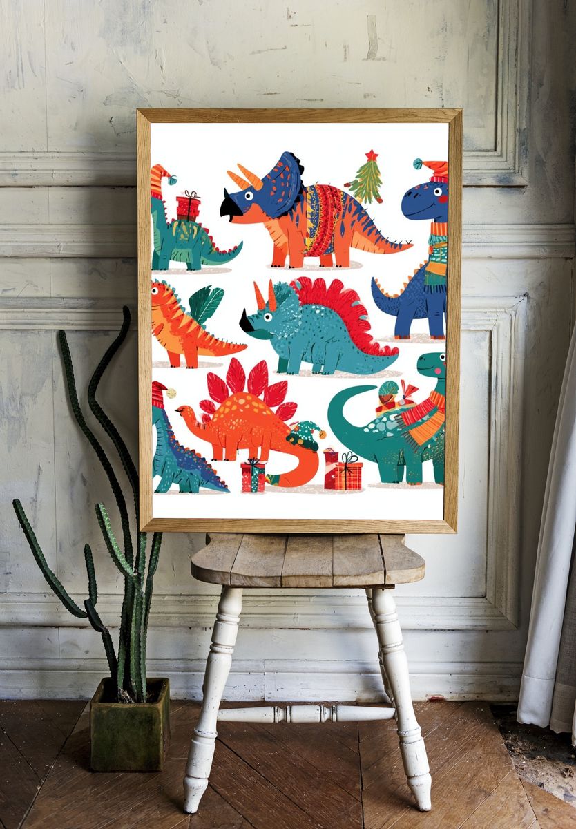 Christmas Dinosaurs Illustration Poster. room preview