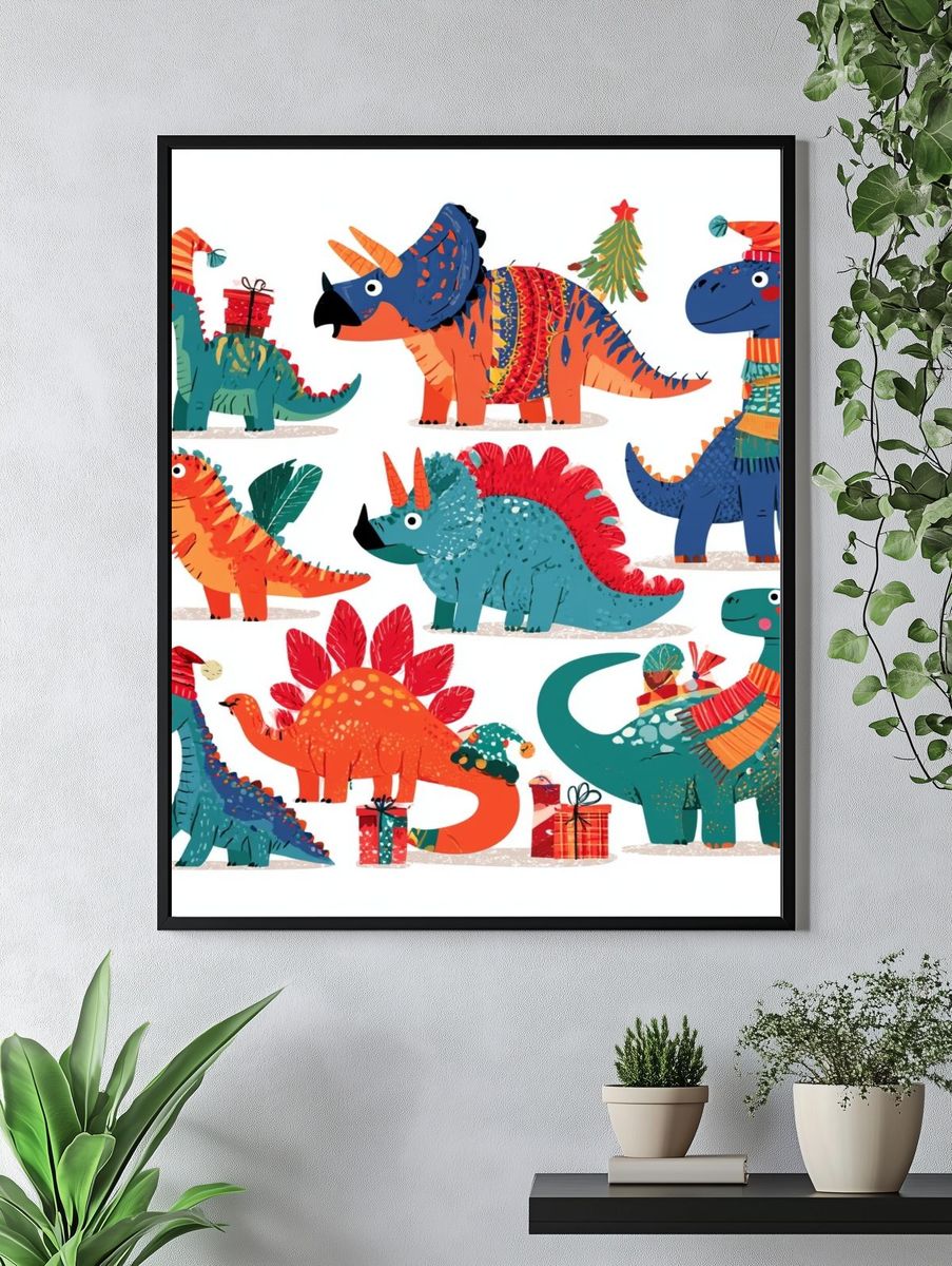 Christmas Dinosaurs Illustration Poster. — room view 4