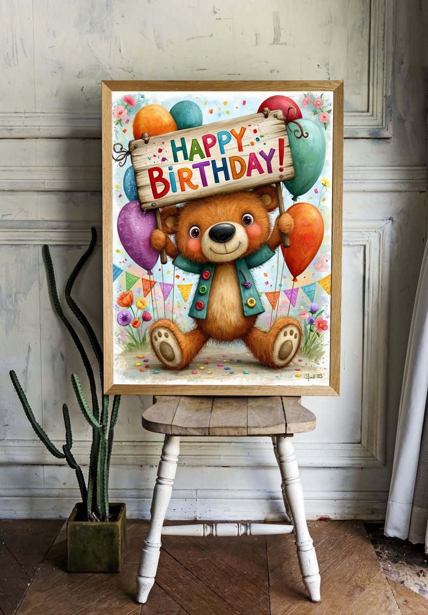 Birthday Bear Illustration Poster. — room view 1