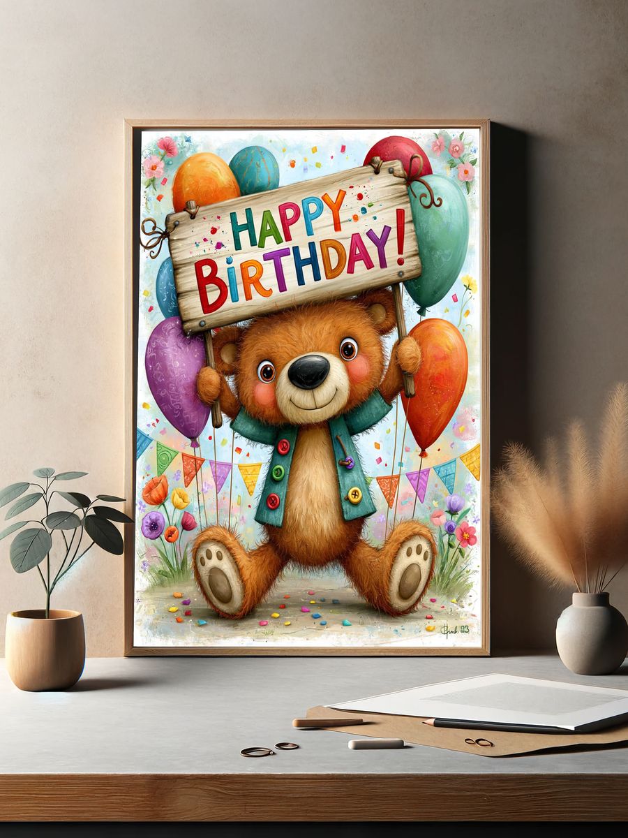 Birthday Bear Illustration Poster. — room view 2