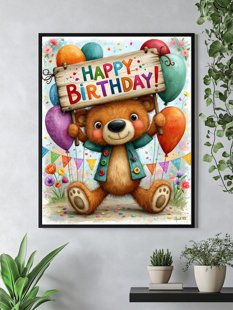 Birthday Bear Illustration Poster. — room view 4