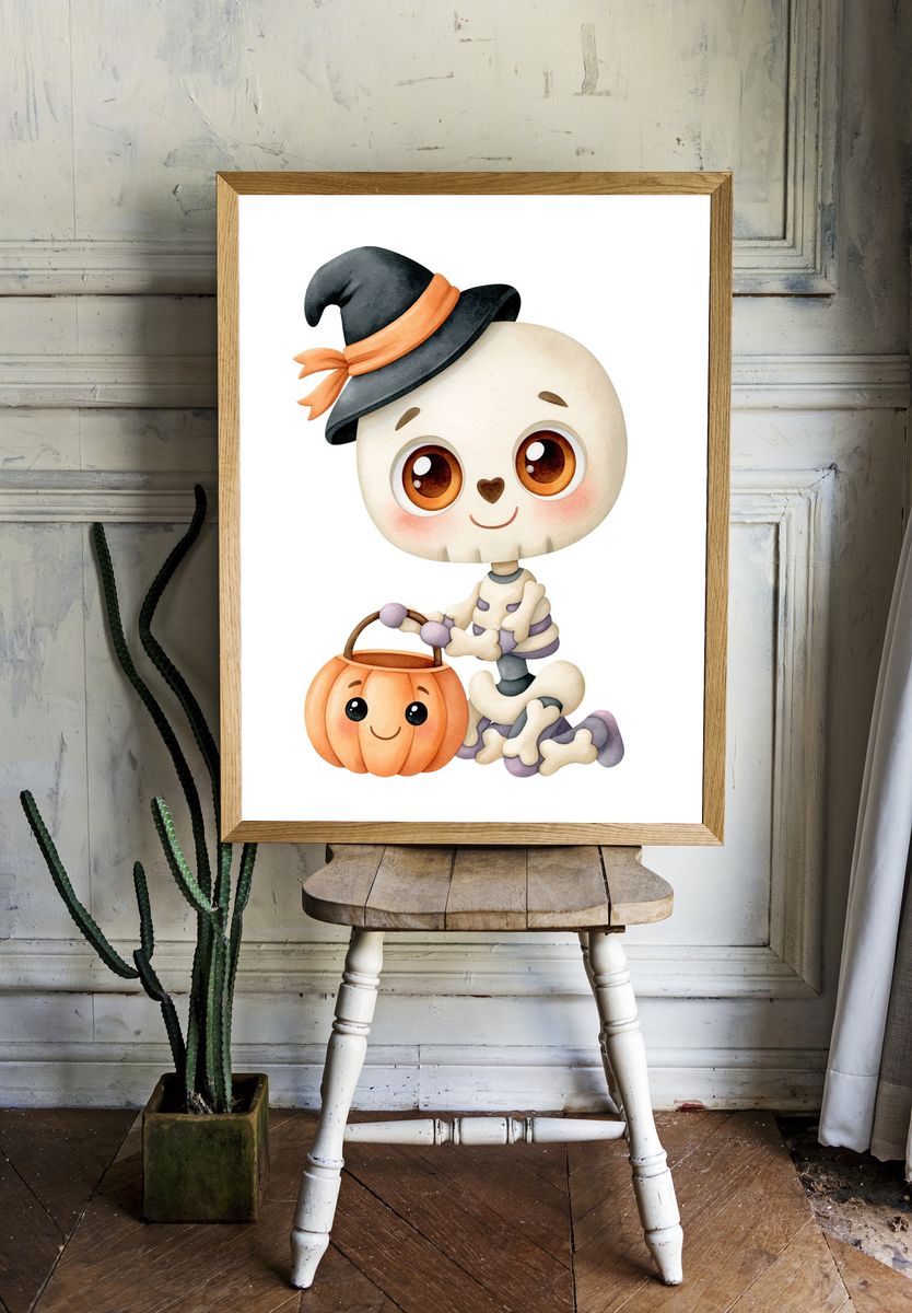 Cute Halloween Skeleton Watercolor Poster. room preview