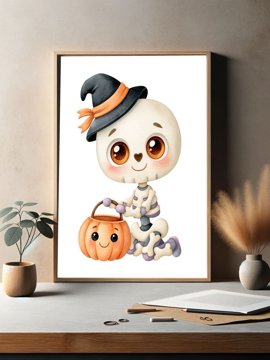 Cute Halloween Skeleton Watercolor Poster. — room view 2