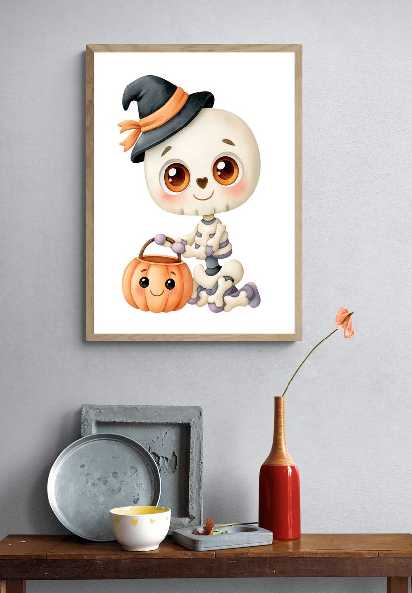 Cute Halloween Skeleton Watercolor Poster. — room view 3