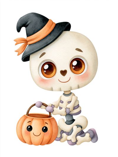 Cute Halloween Skeleton Watercolor Poster.