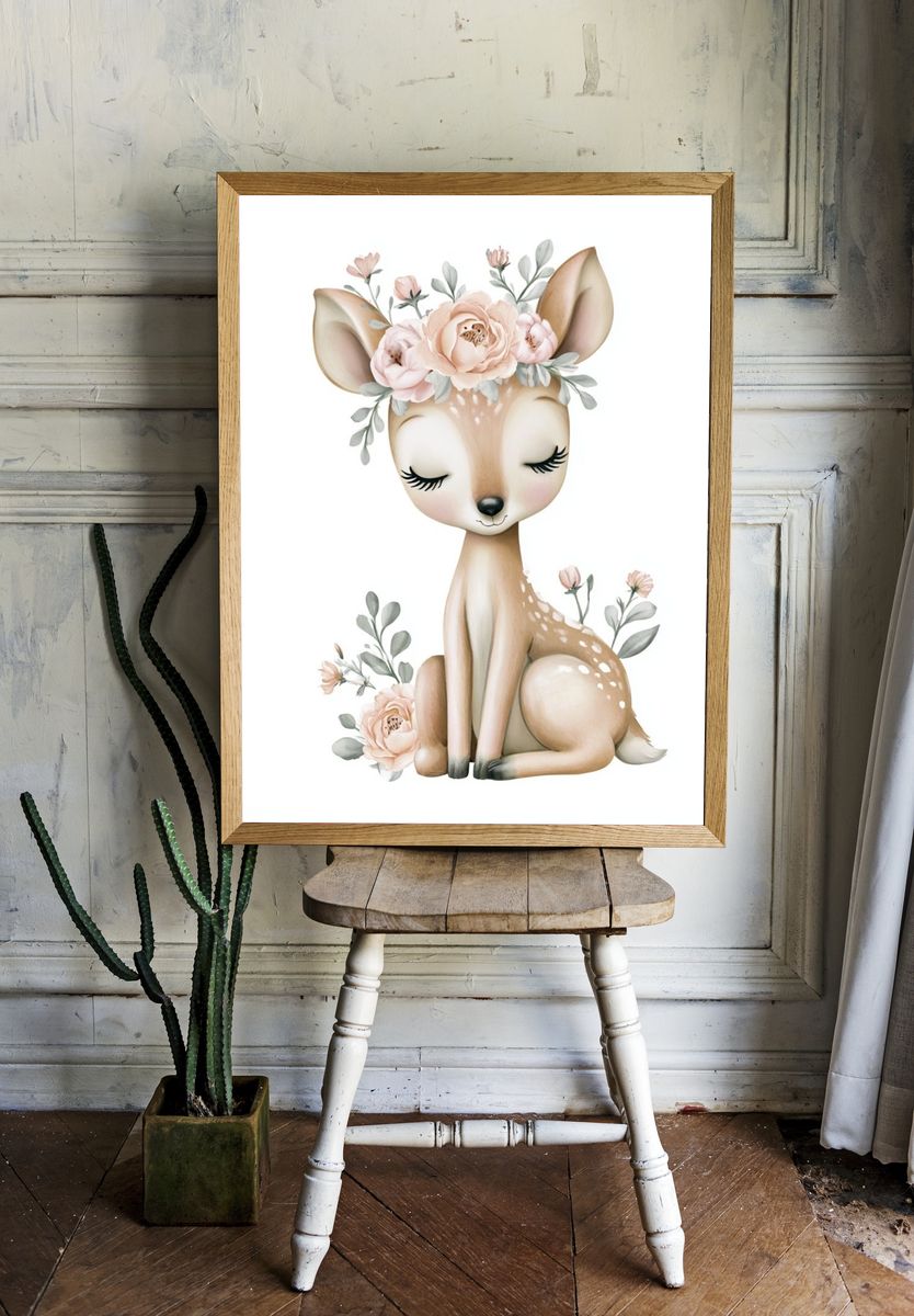 Floral Deer Nursery Print. room preview