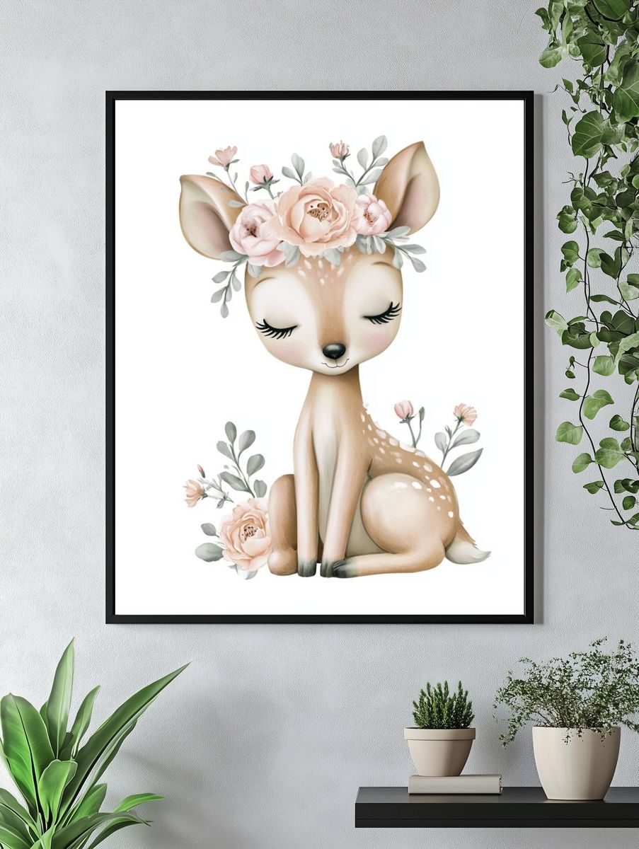 Floral Deer Nursery Print. — room view 4