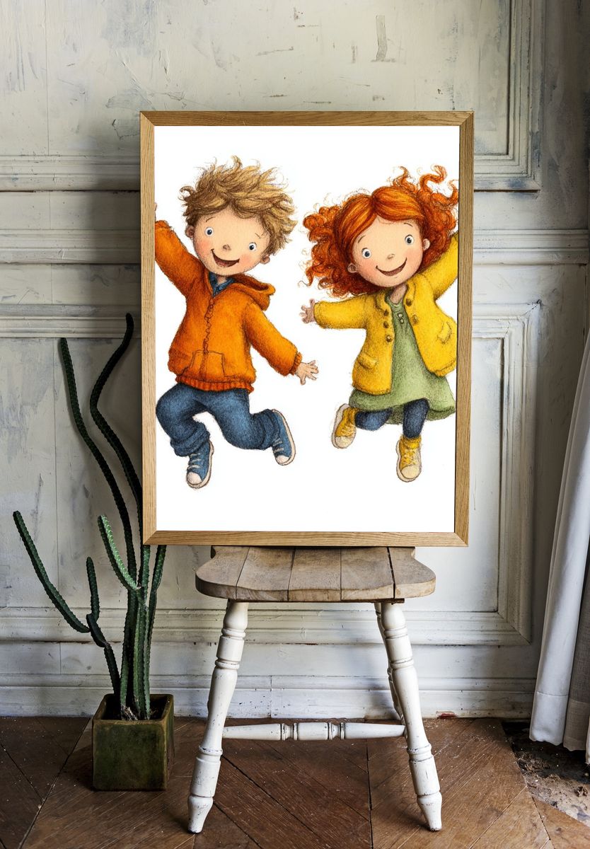 Jumping Kids Watercolor Print. — room view 1