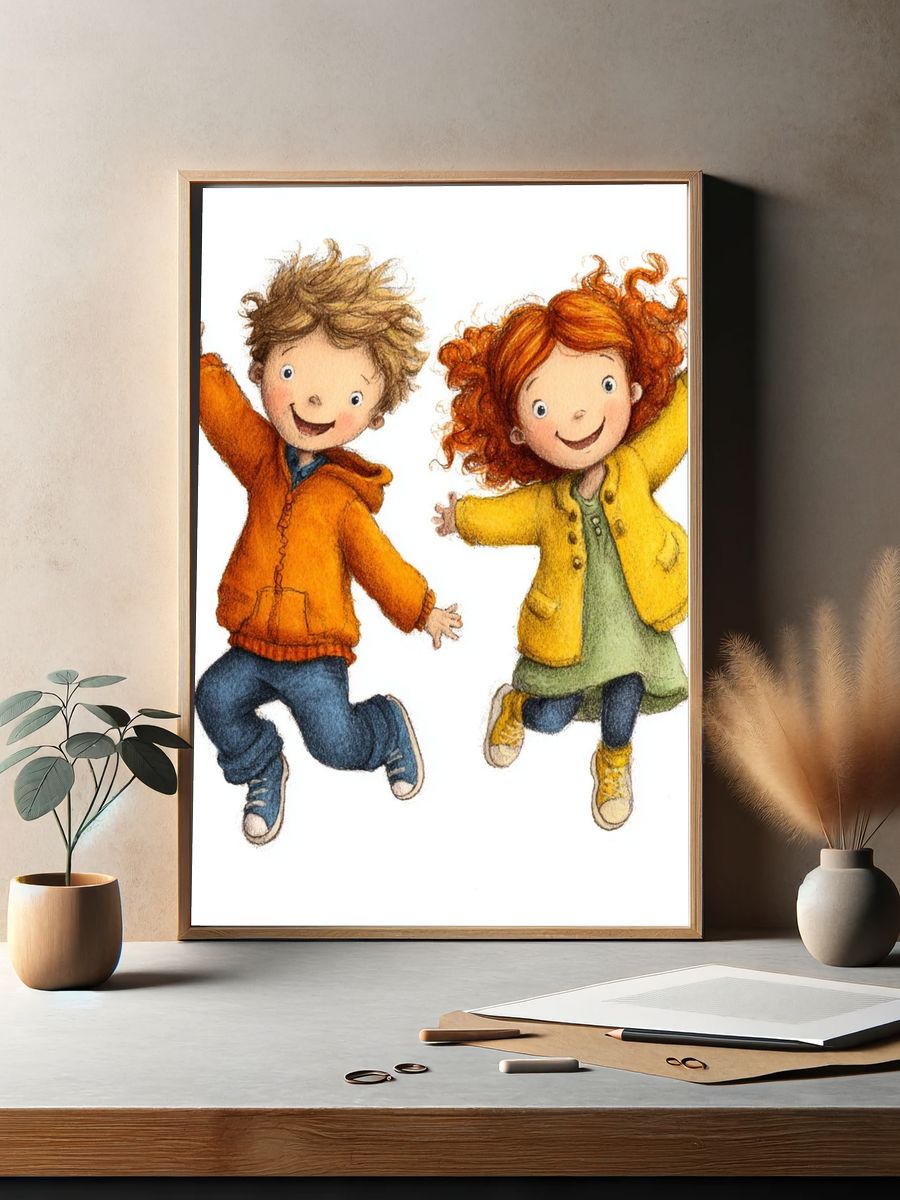 Jumping Kids Watercolor Print. — room view 2