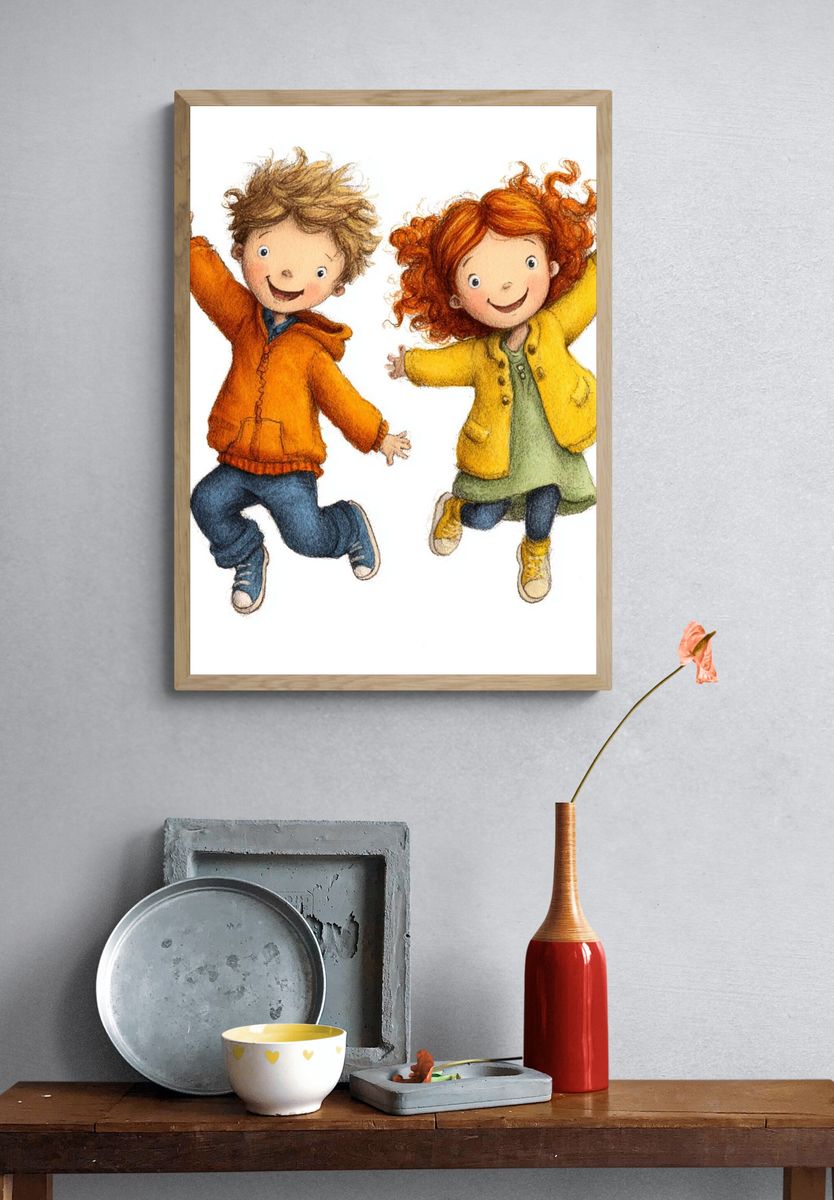Jumping Kids Watercolor Print. — room view 3