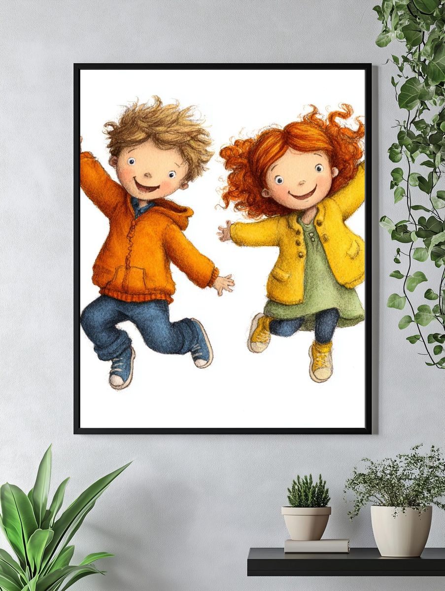Jumping Kids Watercolor Print. — room view 4