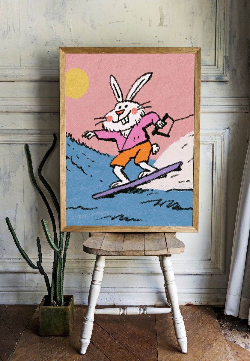 Surfing Bunny Cartoon Poster. room preview