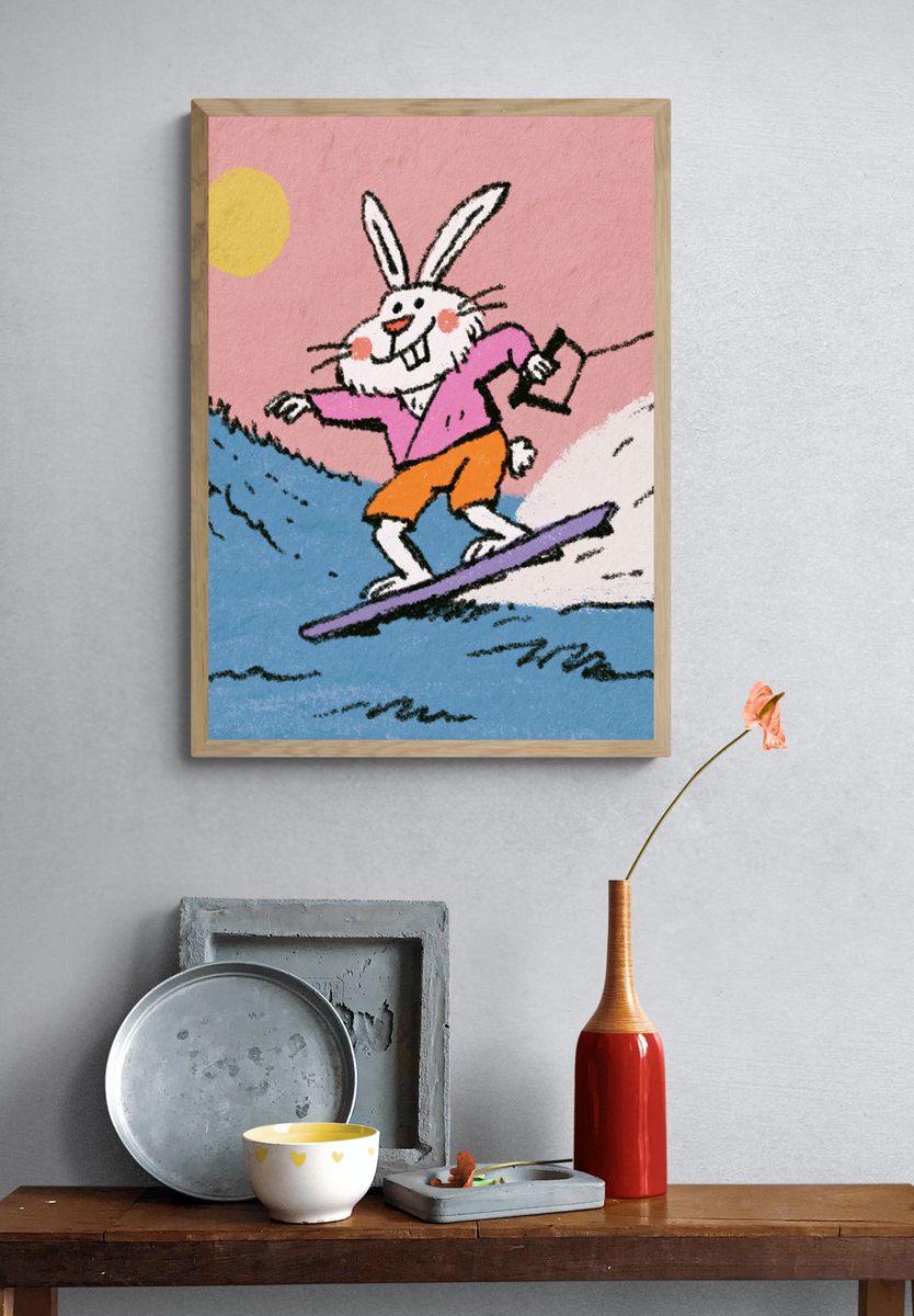 Surfing Bunny Cartoon Poster. — room view 3