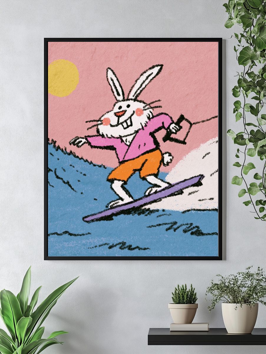 Surfing Bunny Cartoon Poster. — room view 4