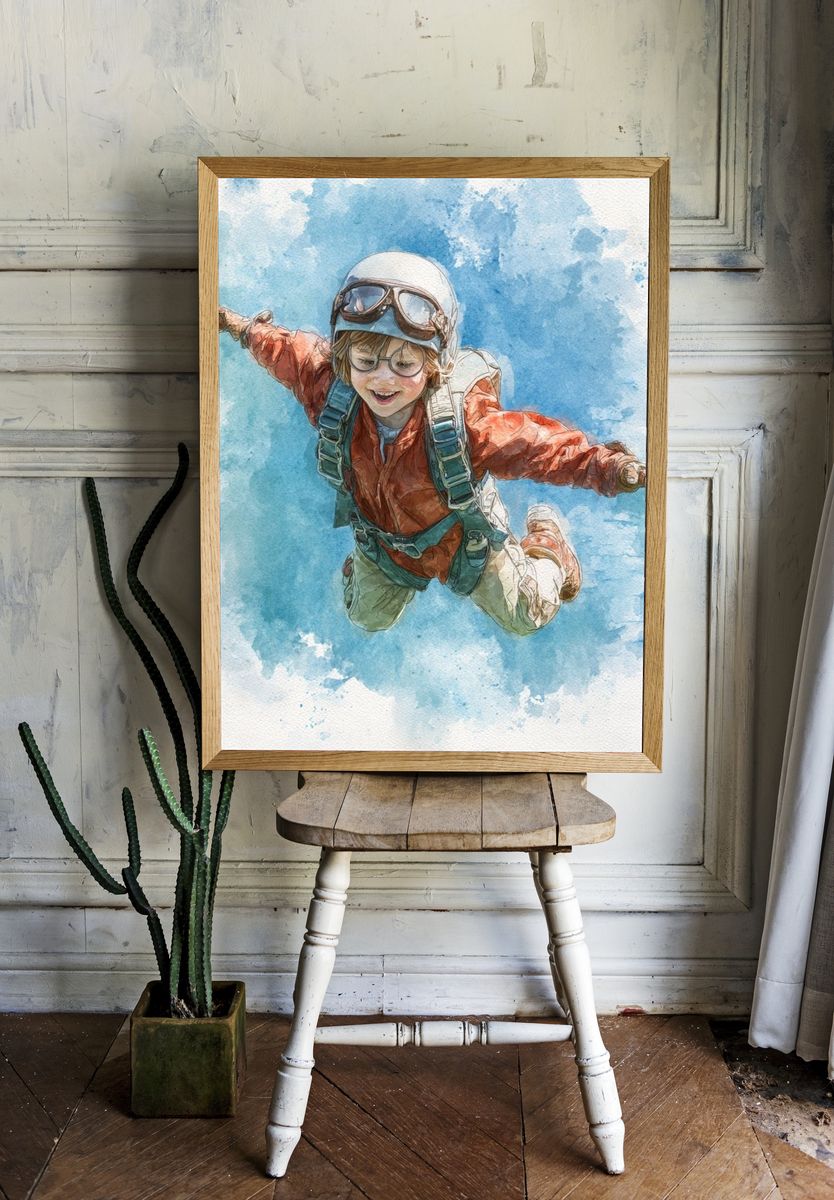 Young Skydiver Watercolor Print. room preview