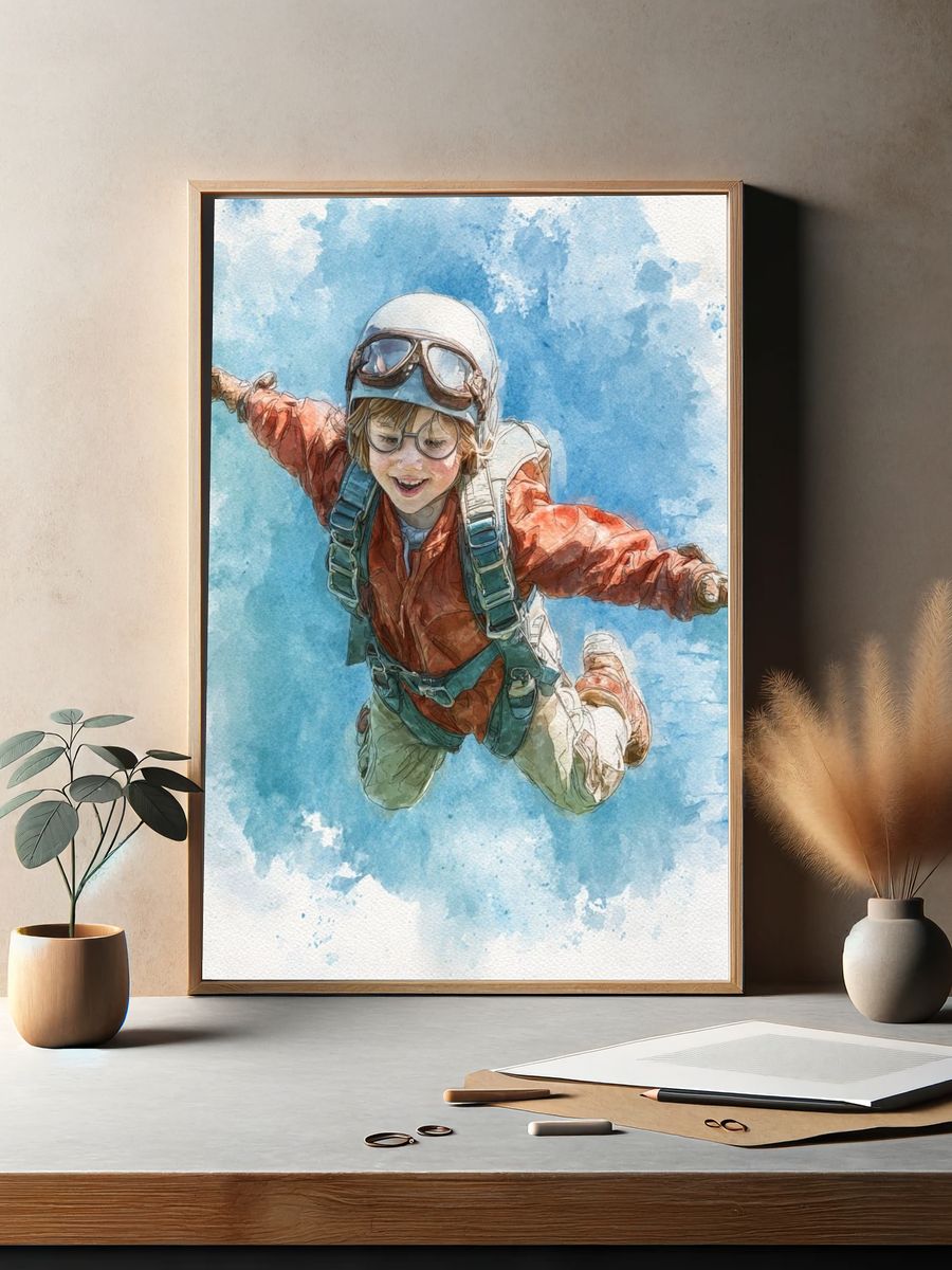 Young Skydiver Watercolor Print. — room view 2