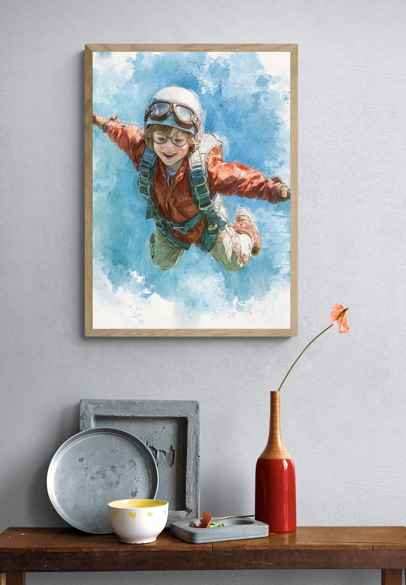 Young Skydiver Watercolor Print. — room view 3