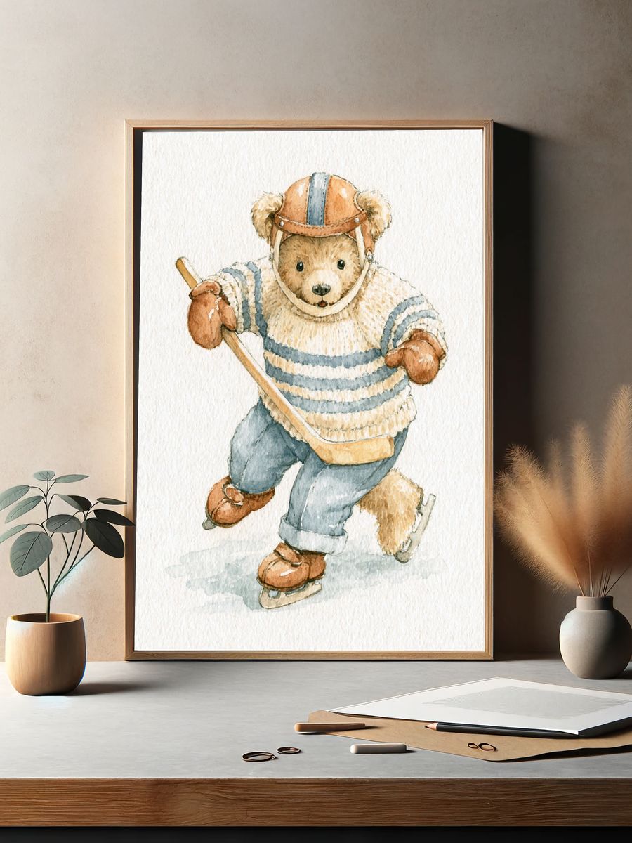 Teddy Bear Skater Watercolor Poster. — room view 2