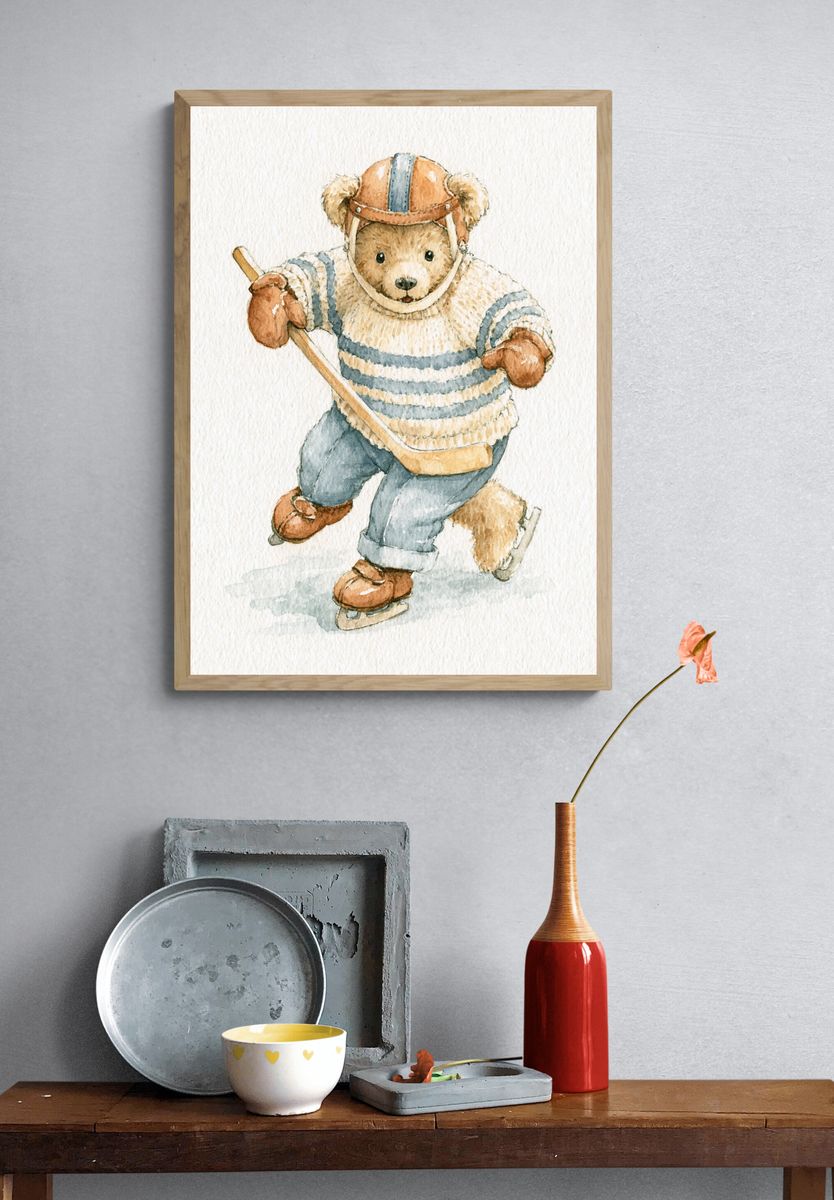 Teddy Bear Skater Watercolor Poster. — room view 3