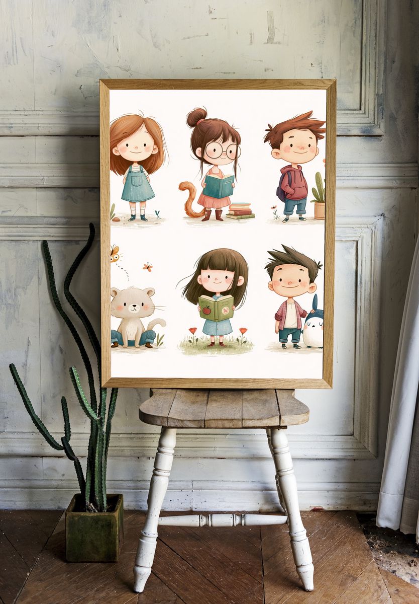 Cute Kids and Animals Illustration Poster. room preview