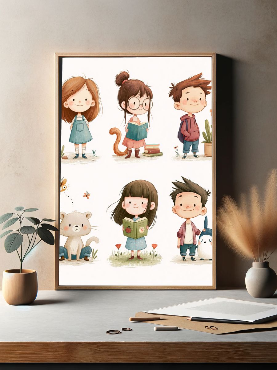 Cute Kids and Animals Illustration Poster. — room view 2