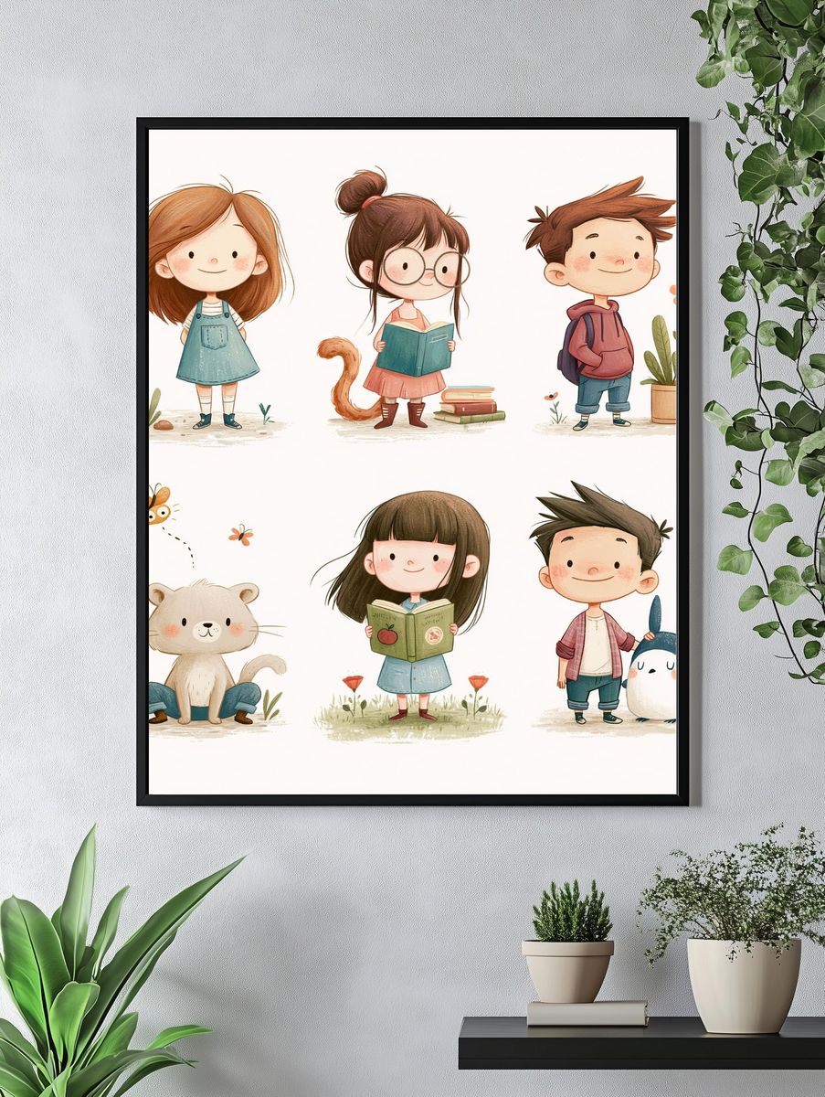Cute Kids and Animals Illustration Poster. — room view 4