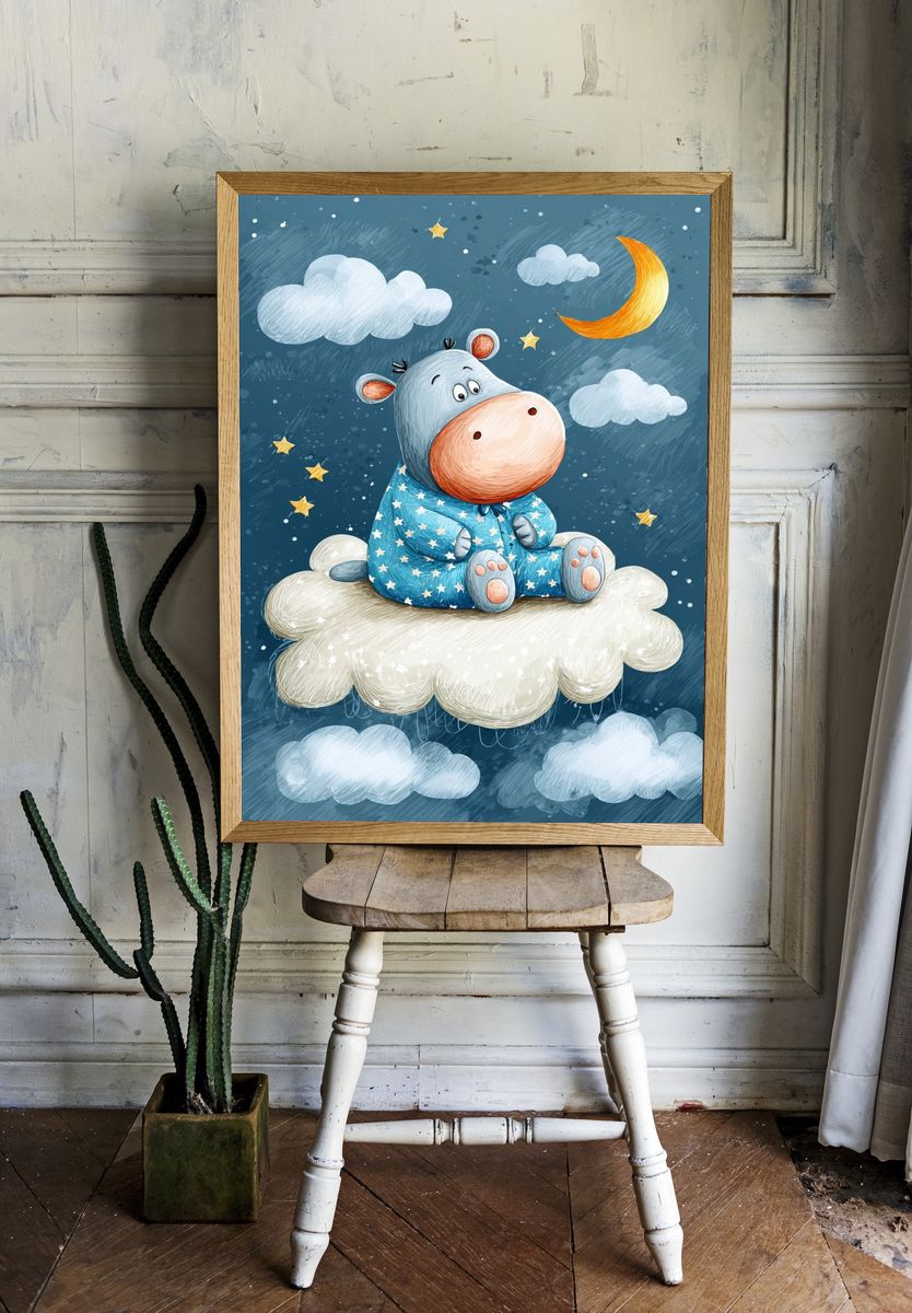 Sleepy Hippo on Cloud — Kids Print room preview