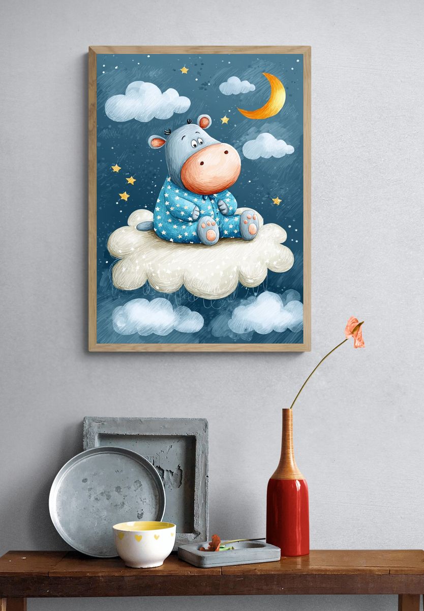 Sleepy Hippo on Cloud — Kids Print. — room view 3