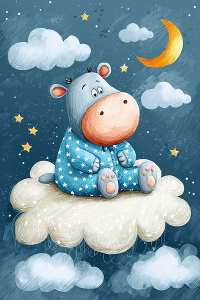 Sleepy Hippo on Cloud — Kids Print. poster