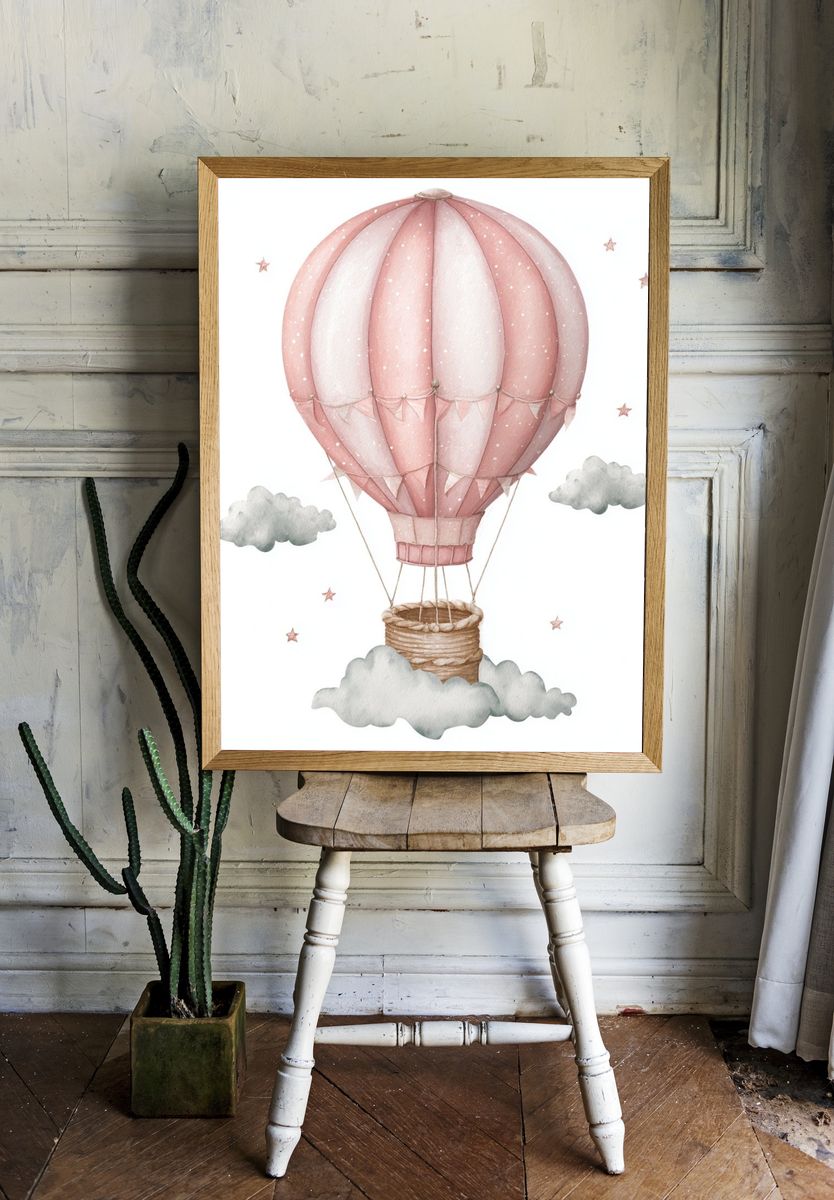 Pink Hot Air Balloon Nursery Print. — room view 1