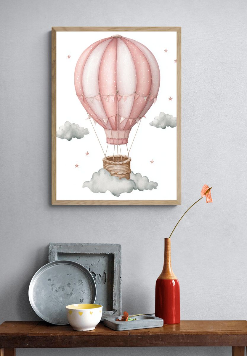 Pink Hot Air Balloon Nursery Print. — room view 3