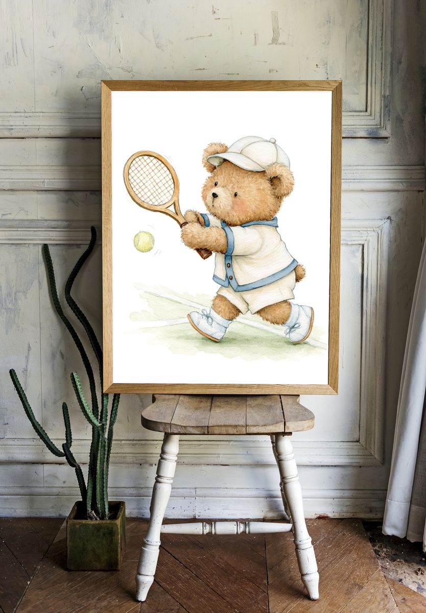 Teddy Bear Tennis Watercolor Poster. room preview