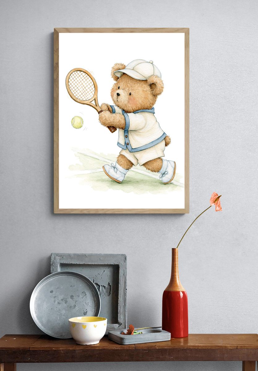 Teddy Bear Tennis Watercolor Poster. — room view 3