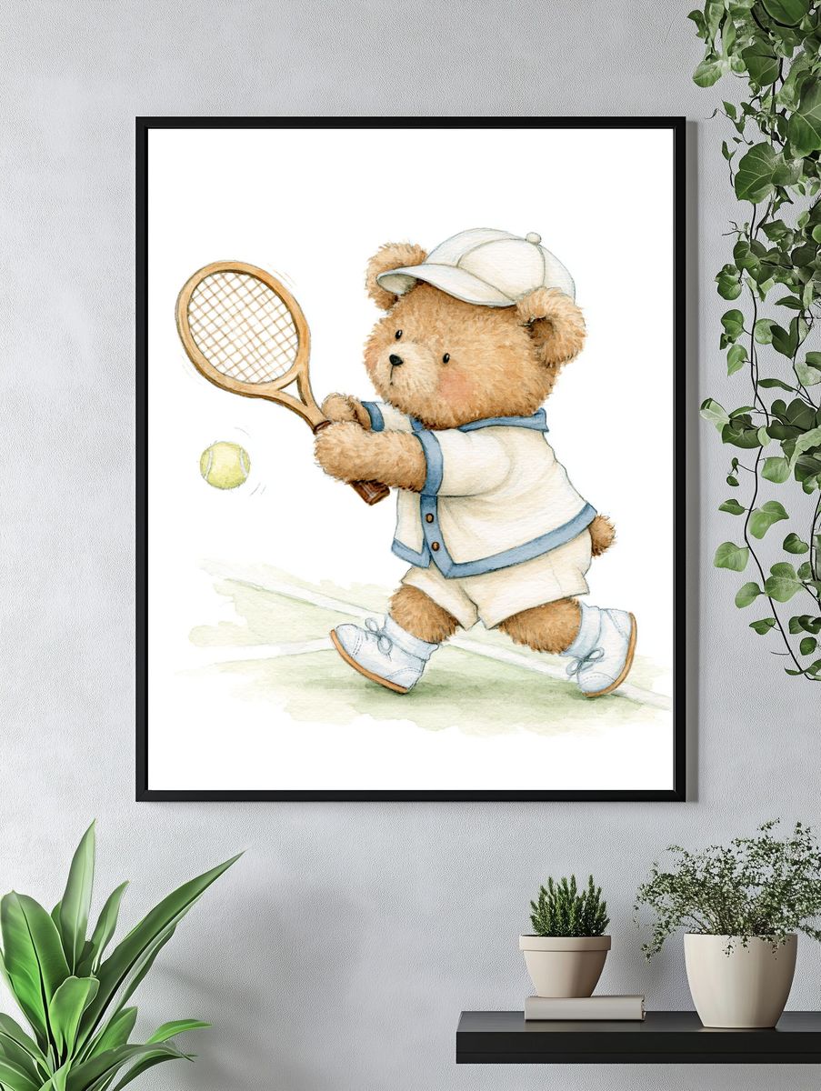 Teddy Bear Tennis Watercolor Poster. — room view 4