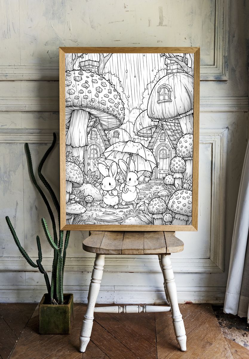 Rabbit Mushroom Village Print. room preview