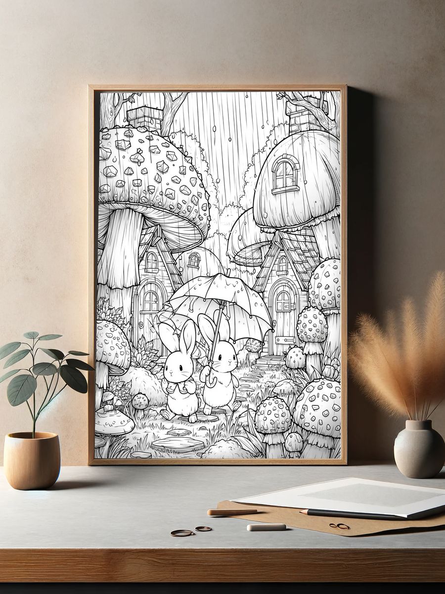 Rabbit Mushroom Village Print. — room view 2