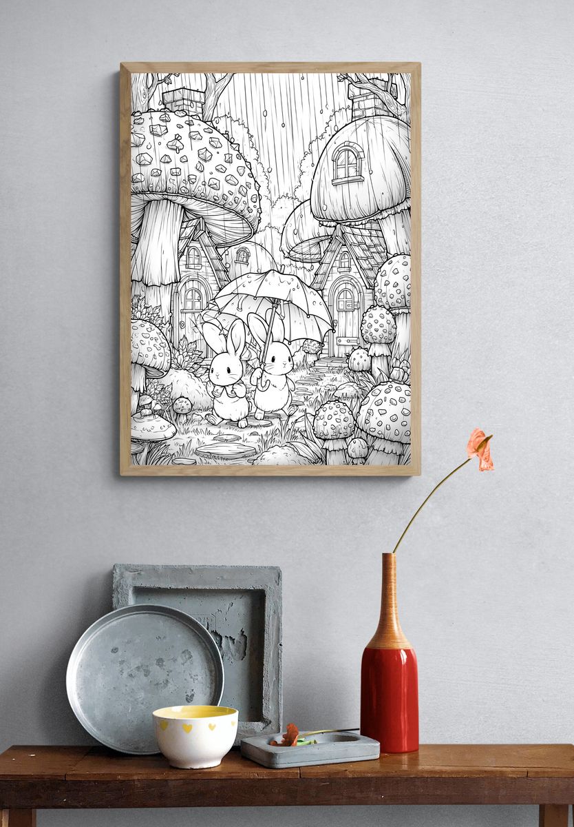 Rabbit Mushroom Village Print. — room view 3