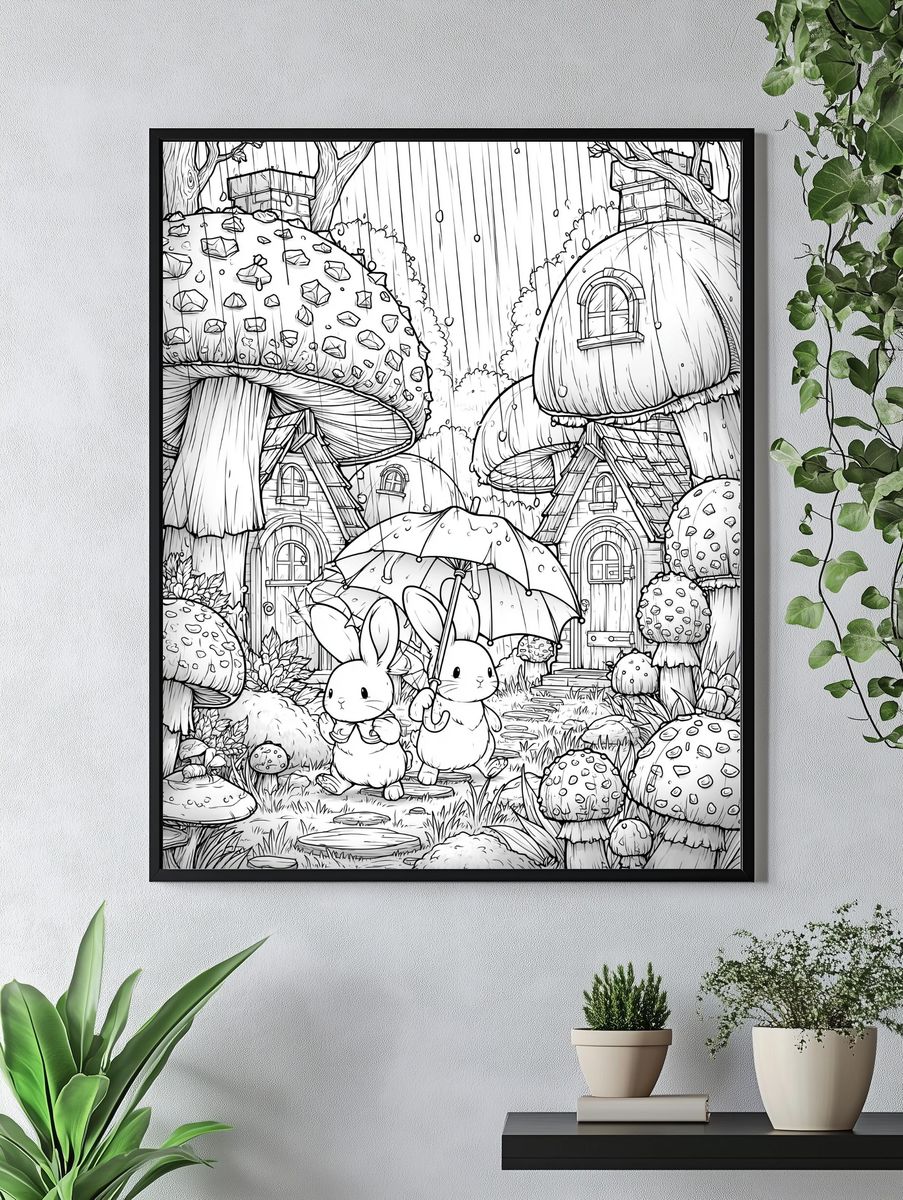Rabbit Mushroom Village Print. — room view 4