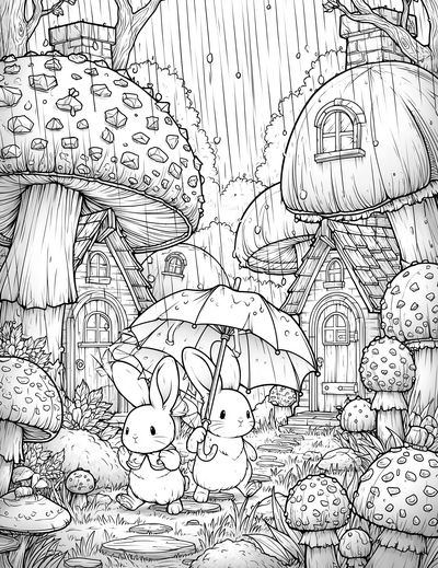 Rabbit Mushroom Village Print. poster