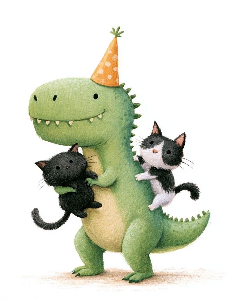 Party Dinosaur with Kittens Illustration Poster. poster — kids art