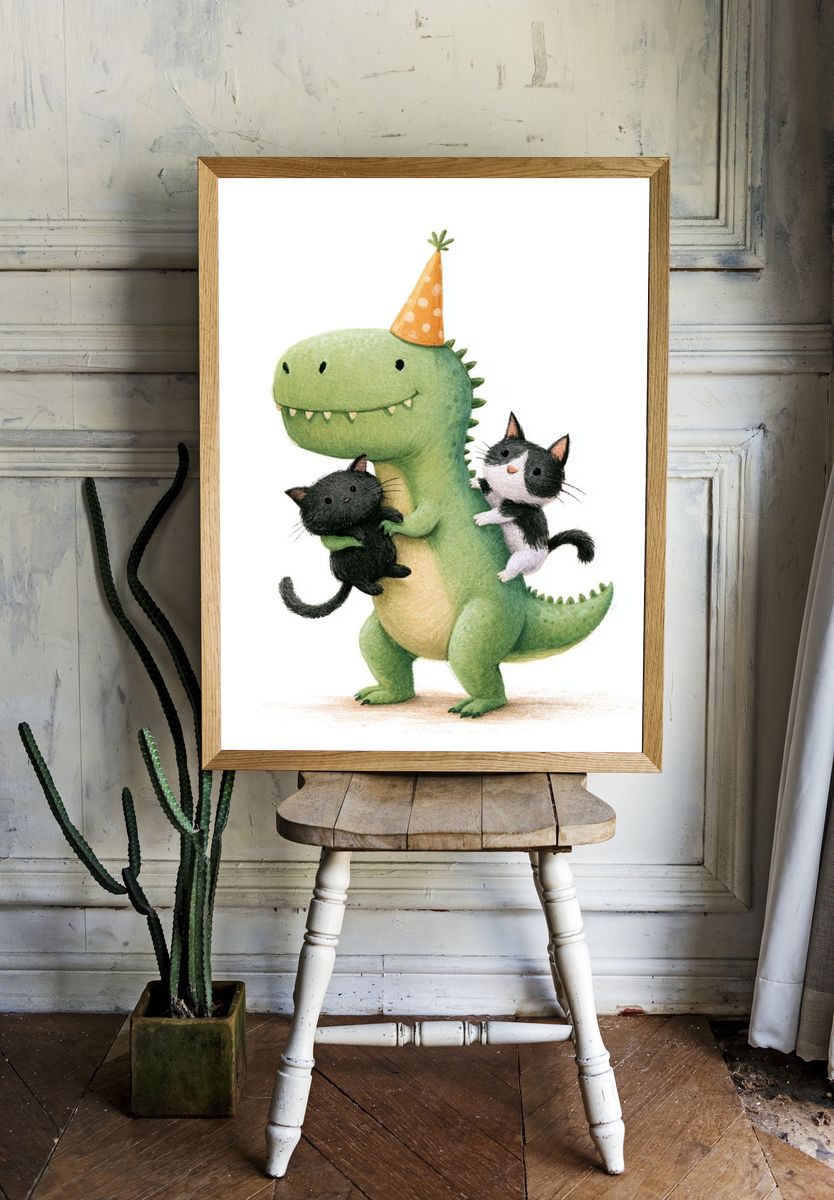 Party Dinosaur with Kittens Illustration Poster. room preview
