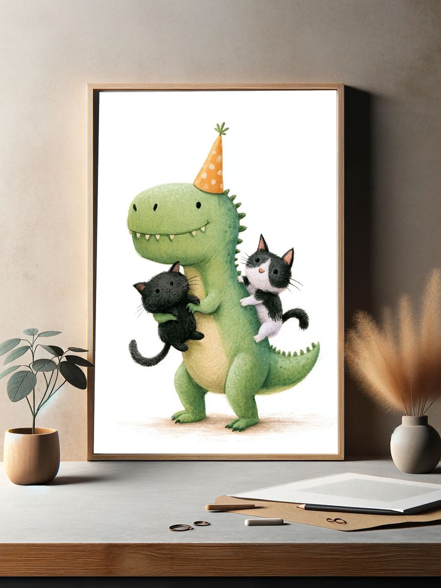Party Dinosaur with Kittens Illustration Poster. — room view 2
