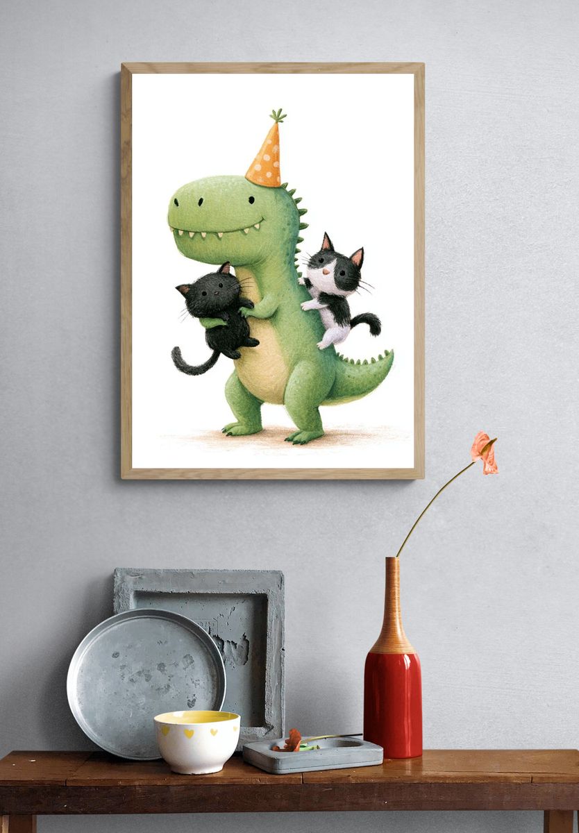 Party Dinosaur with Kittens Illustration Poster. — room view 3