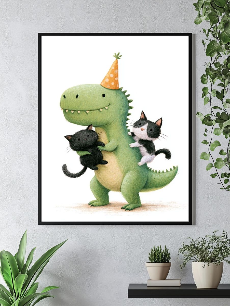 Party Dinosaur with Kittens Illustration Poster. — room view 4