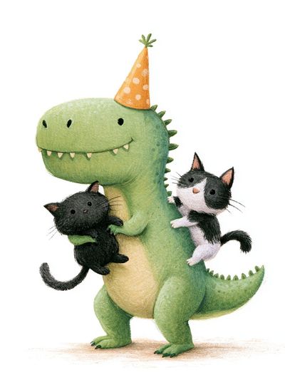 Party Dinosaur with Kittens Illustration Poster.