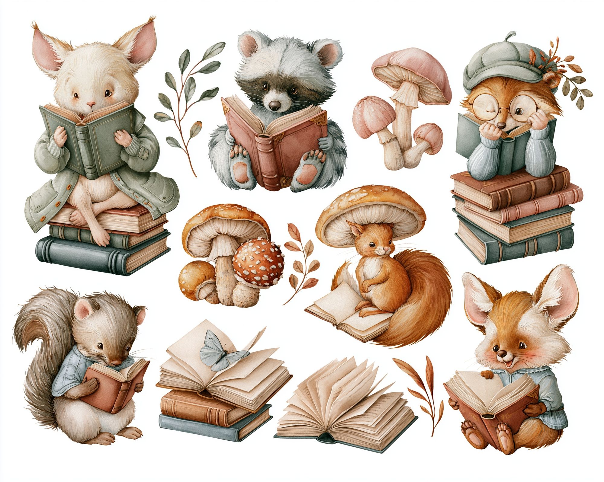 Reading Woodland Animals Illustration Poster. poster detail