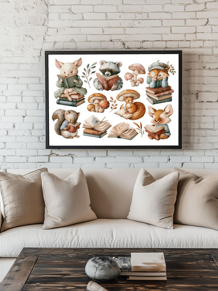 Reading Woodland Animals Illustration Poster. room preview
