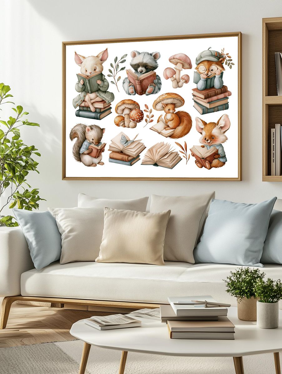 Reading Woodland Animals Illustration Poster. — room view 2