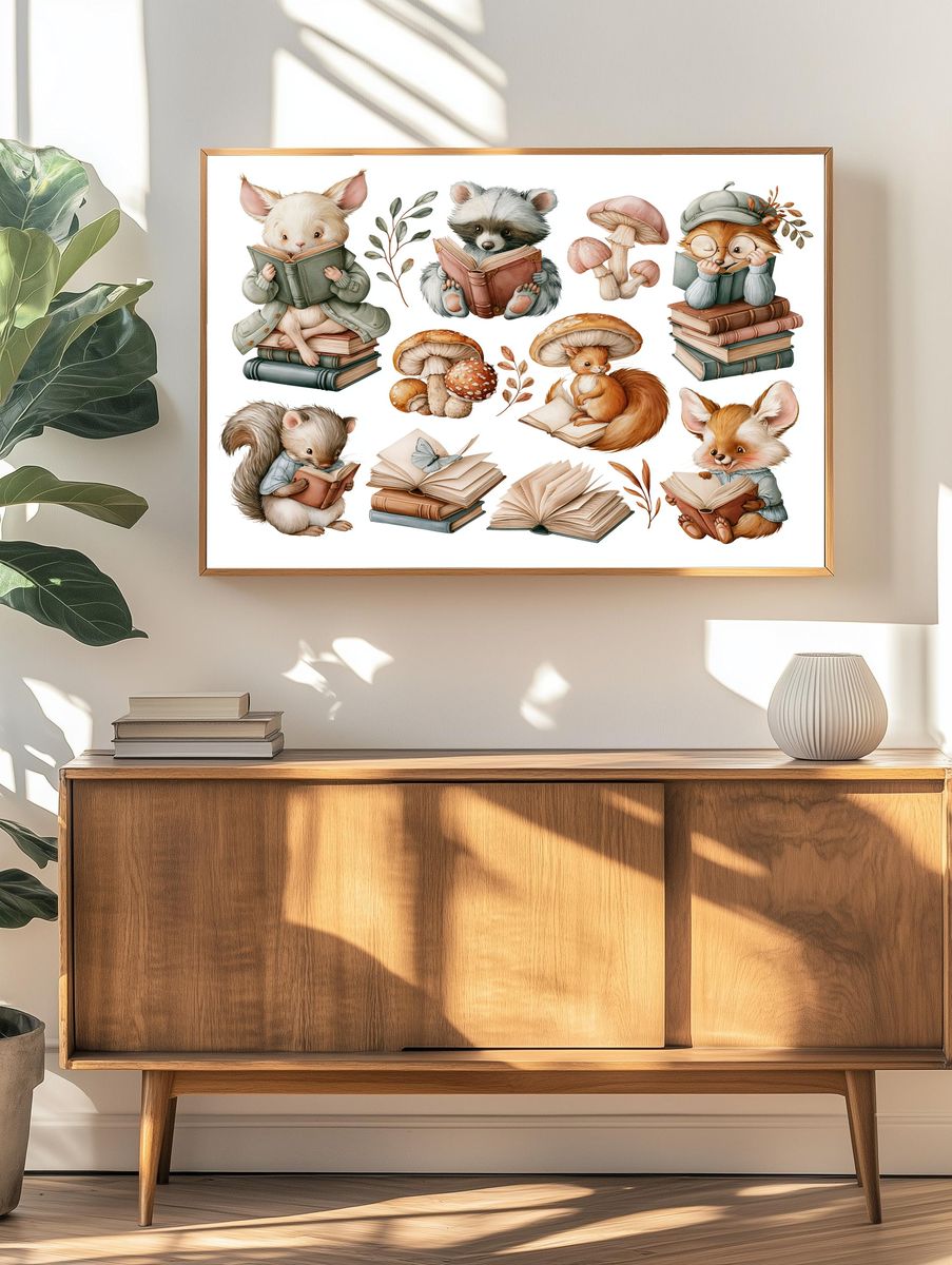 Reading Woodland Animals Illustration Poster. — room view 3